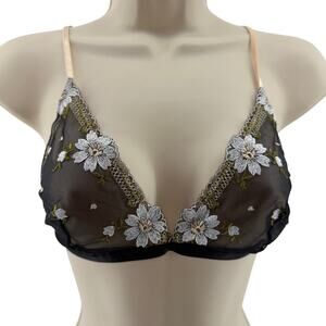TAMSC  Black Semi Sheer Bralette Embroidered Floral Womens Medium